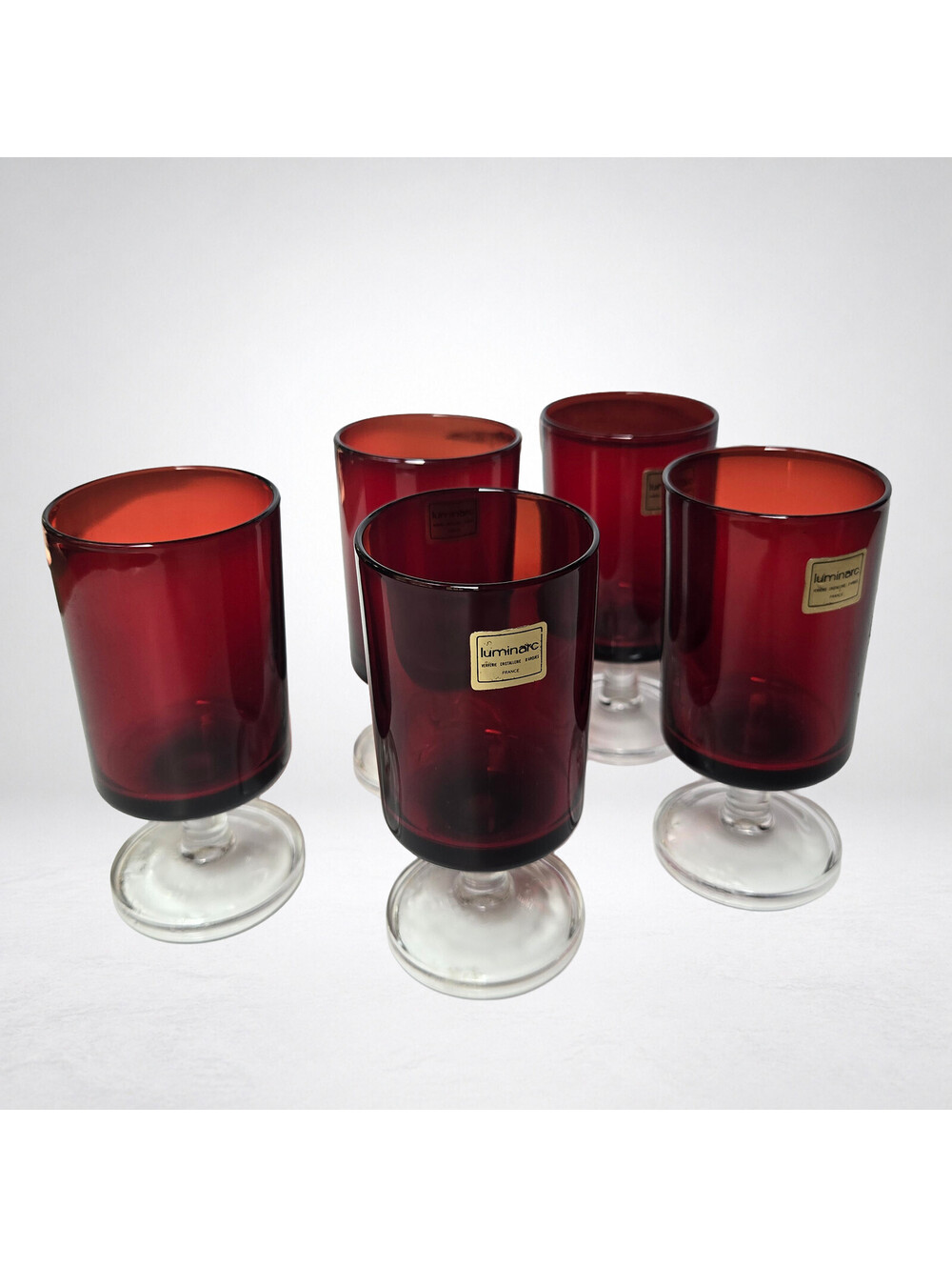 Set of 4+ 1  Luminarc Arcoroc Cavalier Of France Ruby Red Shot Glasses 3” Tall